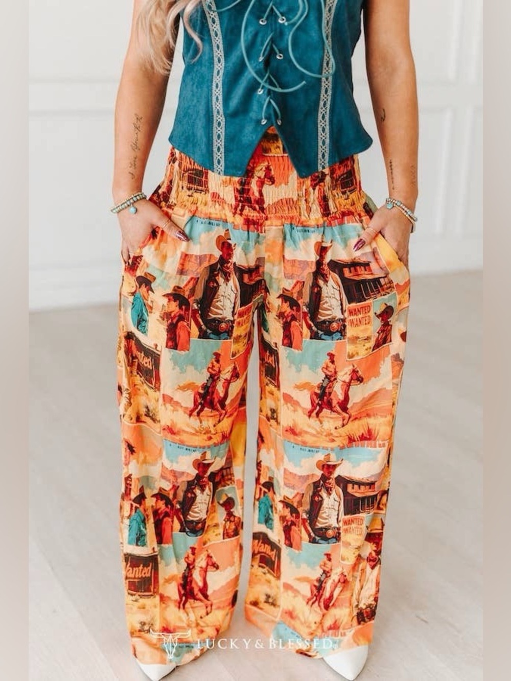 Lucky & Blessed PLUS Collage Printed High Rise Smock Elastic Waistband Pants